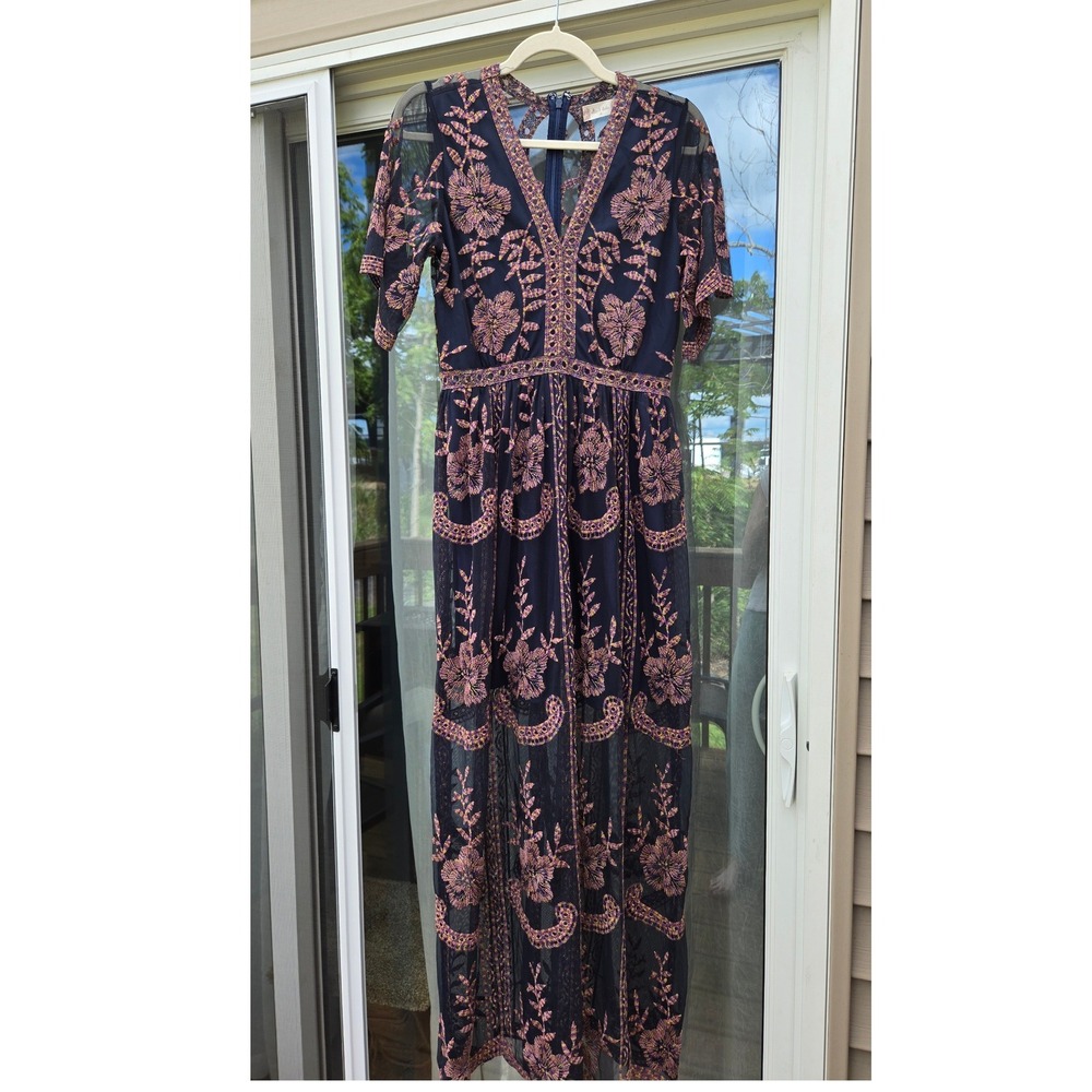 Altar'd State Navy Floral Embroidered Mesh Maxi Dress Boho M